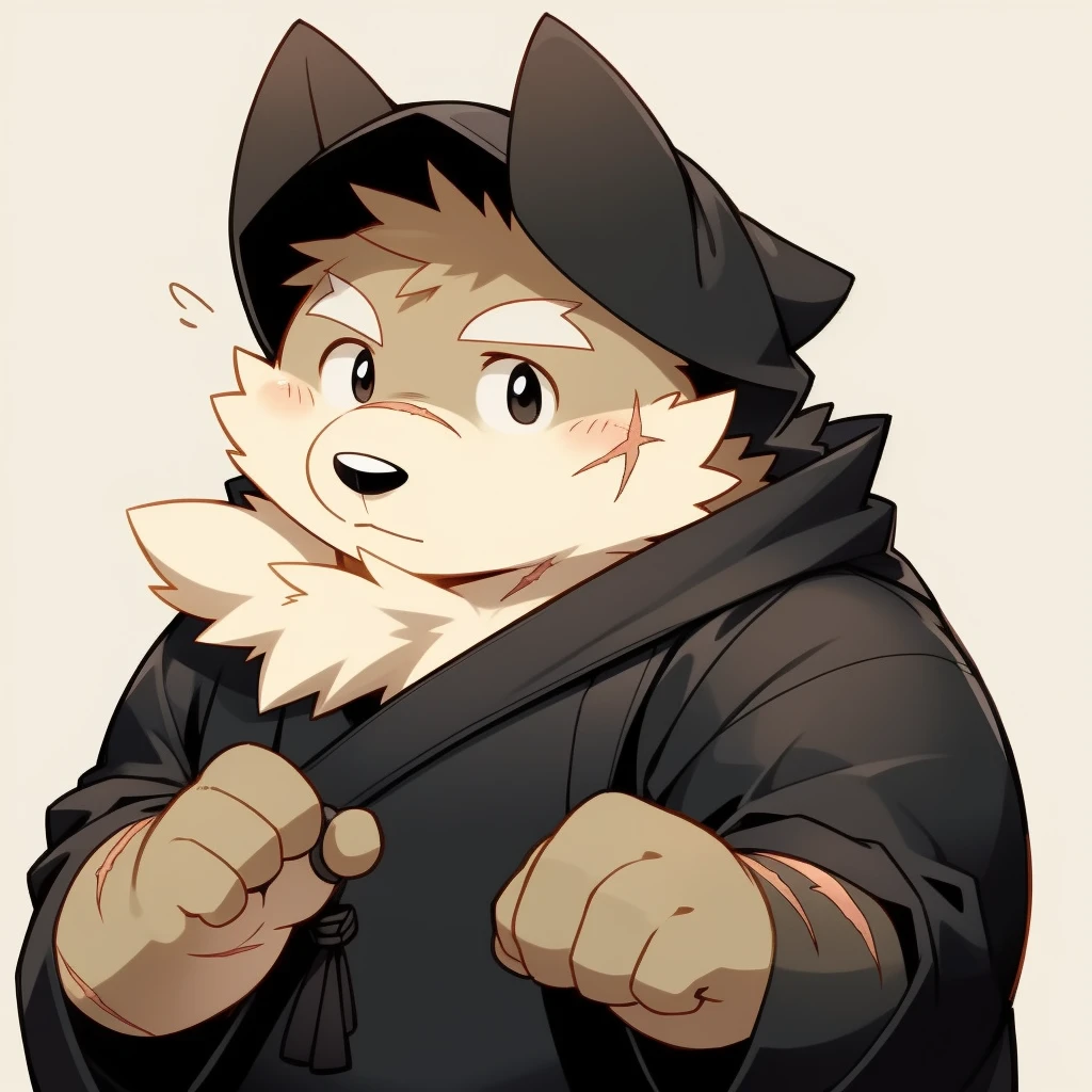 Scribble 黑色柴dog face,Cute face,Humanity(dog),(Black robe:1.3),Chubby,(White eyebrows:1.1),(Perfect black eyes),(artist:Takemoto Arashi),Simple background,scar。