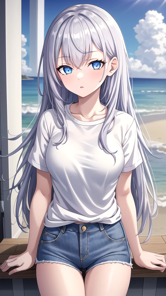 masterpiece, best quality, high quality, ,dark forsest, 1girl, solo, 16-year-old cold girl,female focus, looking at viewer , white long hair,white T-shirt ,blue jean  mini shorts , blue eyes, dare sky