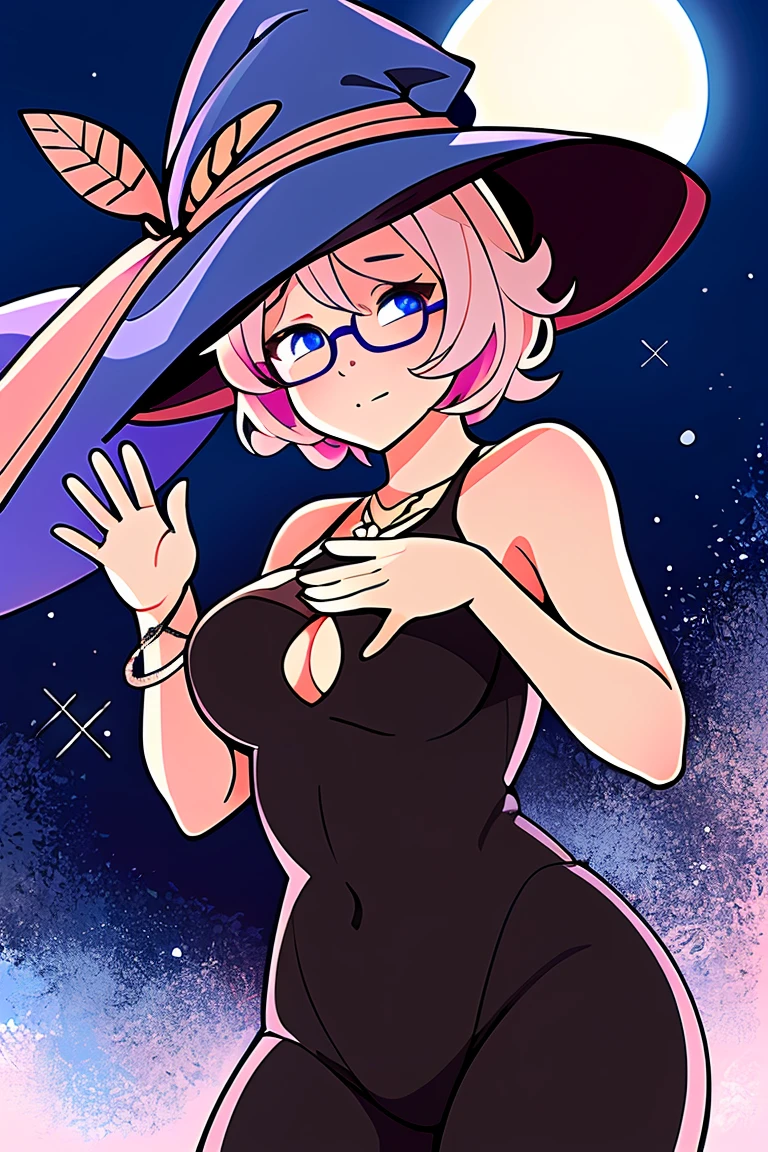 short beautiful women, chubby, plus size, tan skin, blue eyes, freckles all over body, short pixie cut hair, messy hair, pink hair, big round glasses, (shiny tan skin), solo, rating:questionable, cute pose, moon theme, looking stoic, witch's hat, magical, moth accessories