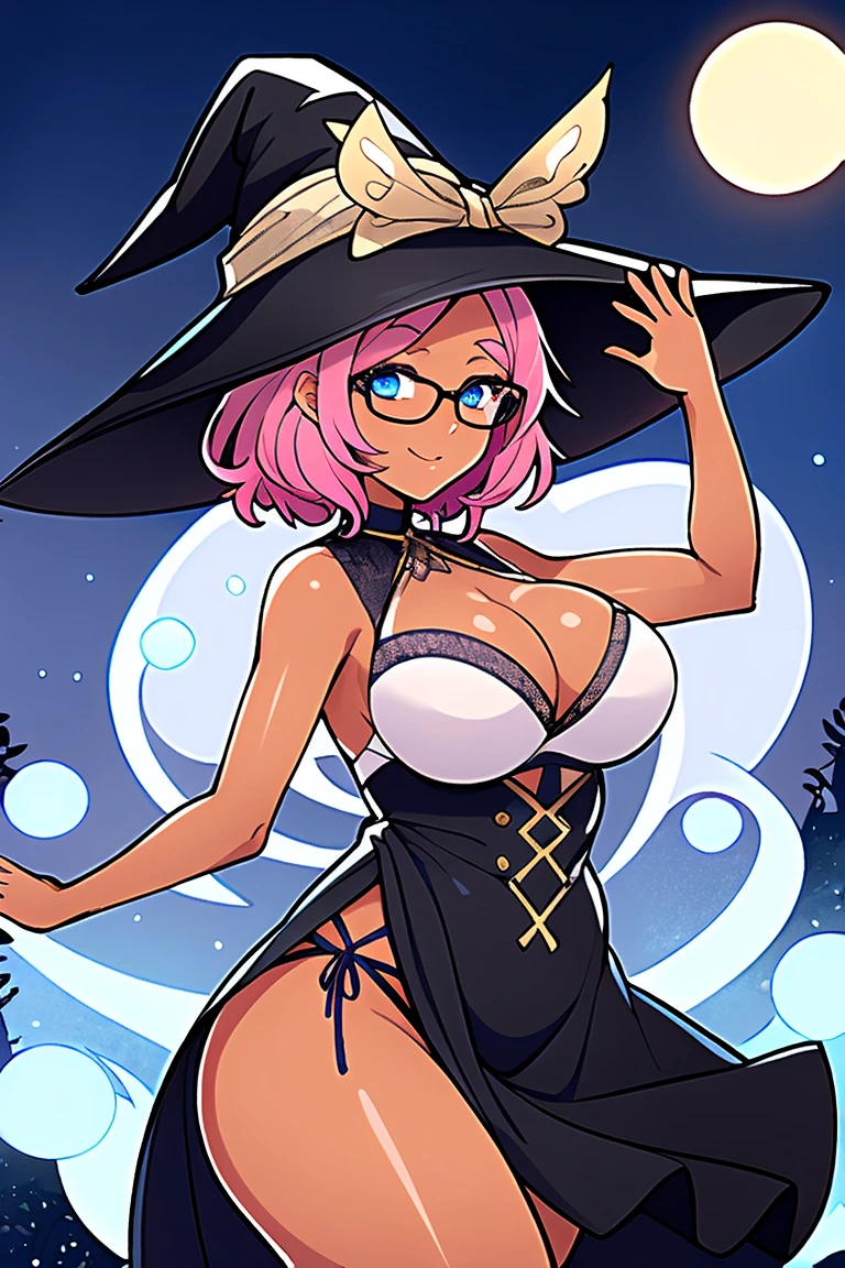 short beautiful women, chubby, plus size, tan skin, blue eyes, freckles all over body, short pixie cut hair, messy hair, pink hair, big round glasses, (shiny tan skin), solo, rating:questionable, cute pose, moon theme, looking stoic, witch's hat, magical, moth accessories