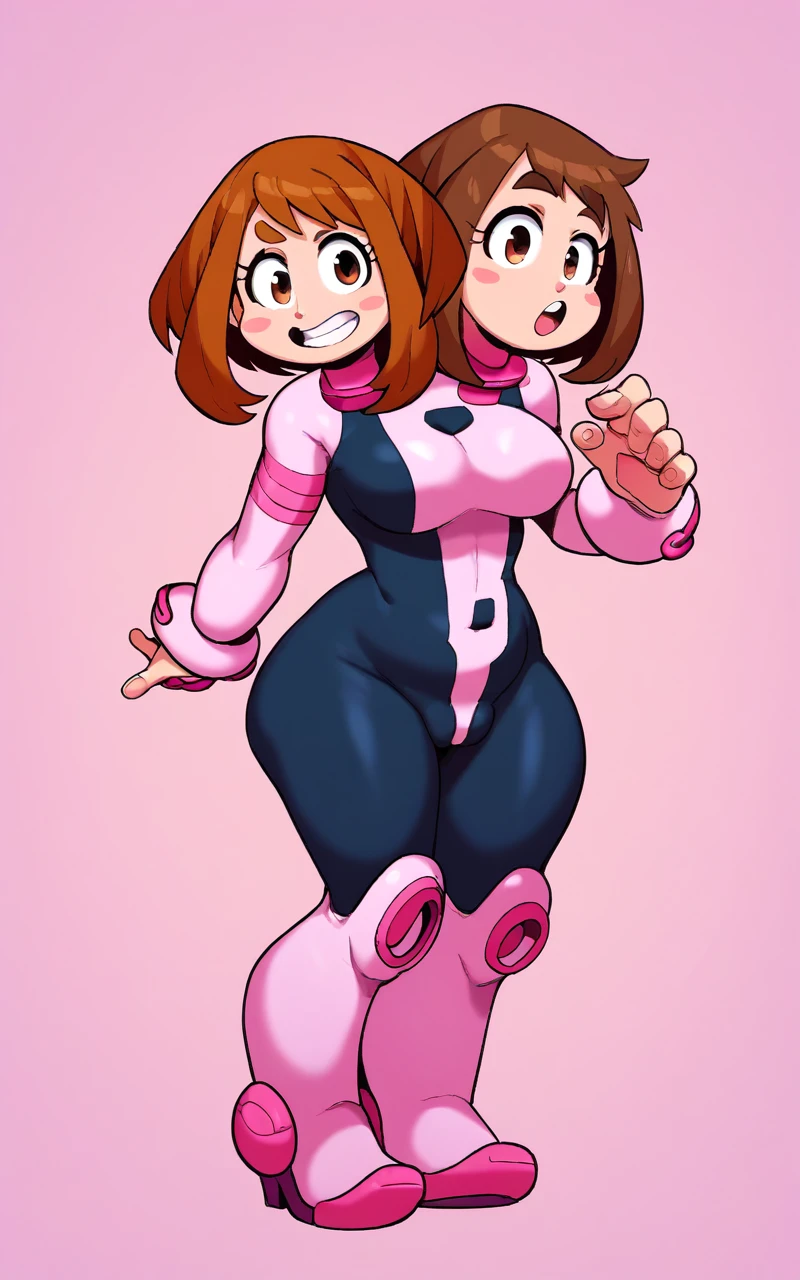 1girl, two heads, conjoined,solo, Uraraka Ochako, thick_eyebrows blush_stickers, brown_hair, brown_eyes, short_hair, sideburns, shiny hair, medium breasts, skindentation +++ :D  +++ OchaCos, bodysuit, fingertip paw pad, white high-heels boots, arms wear, black tights, headgear  Spirit Realm, score_9, score_8_up, source_anime