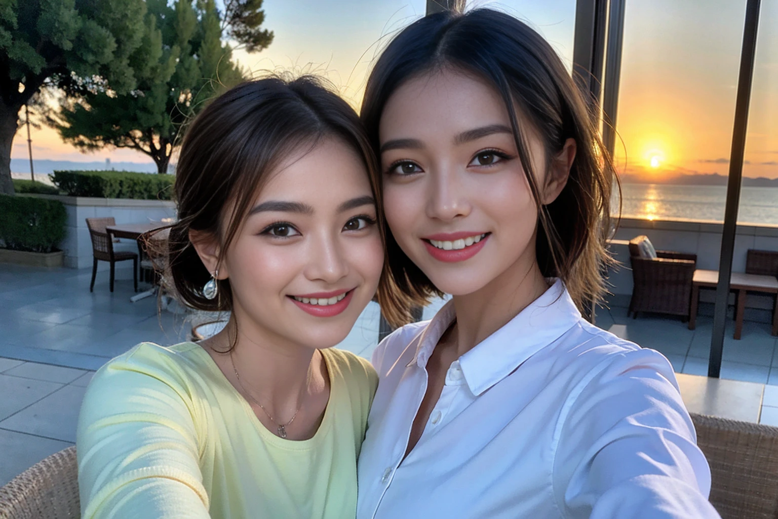 ((Highest quality、、masterpiece:1.3))、1 male、1 female,36 years old 39 years old、Put the light on my face、Slim Beauty、Beautiful couple、Upper Body、smile、 (Slim face), (the body is スリム), (Brown Hair), (Shortcuts), テーブルのフルコースディナーとwine glass、Amazing view of the sunset sky and clouds、smileの美しさ、Wine bottle、sparkling wine、Long sleeve shirt、dress、White wine, red wine, wine glass, Beautiful fine grain, Depth f/2,saturation, High Contrast, Strong light and shadow,Moist Body:1.5、 texture、The hair is very shiny、