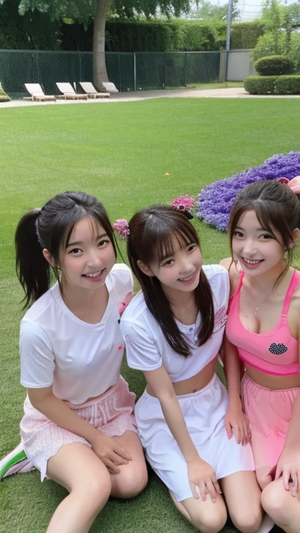 (8K、Highest quality、masterpiece:1.2)、White and pink outfit、Very detailed、Ultra-high resolution、Spreading out sweets、((Three girls enjoying chatting))、Beautifully detailed face、(Slim waist) :1.3)、Beautiful and detailed skin、Skin Texture、Floating Hair、((Wet with sweat))、Human whole body、ponytail、Tennis club、((Childish smile、Sitting))、15 years old、Sit on the grass