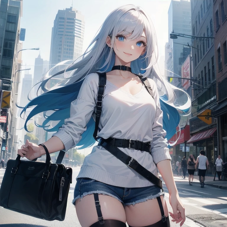 (Masterpiece, Best quality, ultra high resolution), (((1 girl))), Silver hair, Pale skin, Beautiful detailed face, Detailed eyes, posing on a white background, Dynamic lighting, dynamic shadowing, looking at viewer, White street punk fashion with blue details, (Posing for a photo), ((White clothes)), (((black thigh highs))), jean shorts, skirt, white sweater, ((Blue eyes)), happy, smiling, black straps, black strap design, ((Long white hair)), energetic, cheerful, cityscape background, (garter), (blue tertiary color), blue highlights, purse, hand bag, ((chest harness fashion))