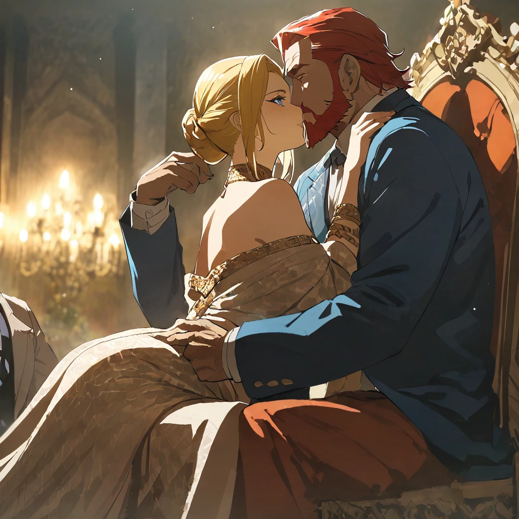 ((Highest quality)), ((masterpiece)), (detailed), (Perfect Face)、The woman is Queen Zelda of the Gerudo tribe, with blonde hair and blue eyes, and is wearing the luxurious dress of the Gerudo queen.、The man is a dignified, middle-aged man with a beard, strong red hair and dark skin, King Ganondorf, the king of the Gerudo tribe, and is wearing the luxurious attire of the Gerudo king.、A man and woman are kissing close together on the luxurious throne of the Gerudo royal family.、A queen and a king in love