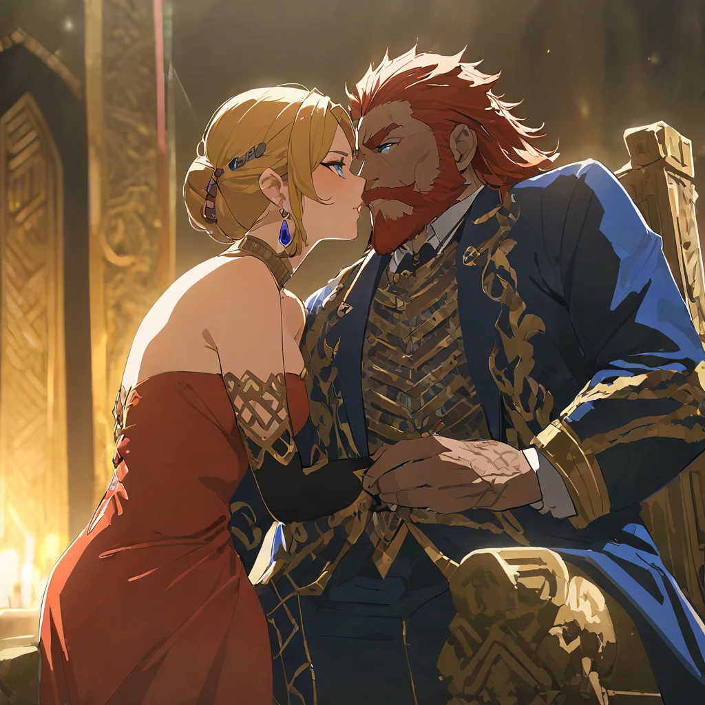 ((Highest quality)), ((masterpiece)), (detailed), (Perfect Face)、The woman is Queen Zelda of the Gerudo tribe, with blonde hair and blue eyes, and is wearing the luxurious dress of the Gerudo queen.、The man is a dignified, middle-aged man with a beard, strong red hair and dark skin, King Ganondorf, the king of the Gerudo tribe, and is wearing the luxurious attire of the Gerudo king.、A man and a woman are embracing each other on the luxurious throne of the Gerudo royal family.、A queen and a king in love