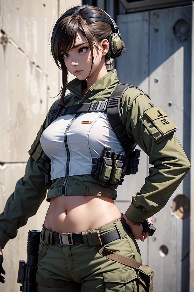 Woman in white holding a rifle and wearing headphones, 42 year old woman, young soldier, mechanized young soldier, Military Girl, beautiful female soldier, Female lead character, Military Girlราบ, Girl's sniper at war, solo female character, Future combat equipment, Half-body close-up, Woman wearing military bulletproof crop top, Show navel, Wear tactical equipment, Wear tactical armor., realistic navel shape