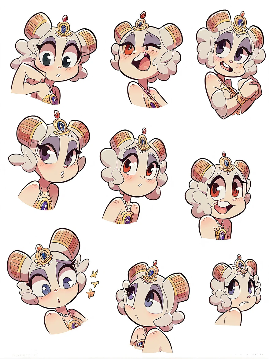 Cute and humorous Q version Chinese girl，big eyes，sticker，6 different facial expressions，expression board，Various poses and expressions，Anthropomorphic style，Ancient and classic style，Showing a variety of emotions，Cartoon illustration，Vector illustration, (Nine Palace Grid Layout: 1.5)，(White background:1.5)，Clear outline，Perfect details，Clear boundaries，No crossover