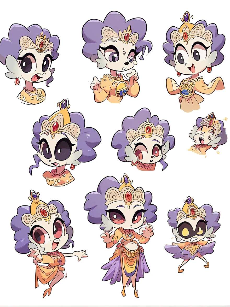Cute and humorous Q version Chinese girl,big eyes,sticker,6 different facial expressions,expression board,Various poses and expressions,Anthropomorphic style,Ancient and classic style,Showing a variety of emotions,Cartoon illustration,Vector illustration, (Nine Palace Grid Layout: 1.5),(White background:1.5),Clear outline,Perfect details,Clear boundaries,No crossover