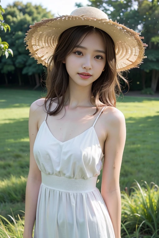 ute female idol, (21 years old:1.2), (8k, raw photo realistic:1.2), lovely idols, nervous and shy smile, hair is light brown messy, thin legs, Posing for photos
BREAK
wearing in a white dress and sun hat, (very bright backlight), nervous and shy smile, (bathing in the sunset in the grass), fullbody
BREAK
masterpiece, (best quality:1.2), ultra highres, (photorealistic:1.4), ((extremely perfect anatomy body parts)), realism, natural light, depth of fields, Detailed Background, perfect composition, highly detailed, detailed face, extremely detailed, ultra-detailed, 8K wallpaper, extremely awesome detailed, dynamic lighting, deep shadows, photorealistic, realistic face, well-groomed face, small mouth,
