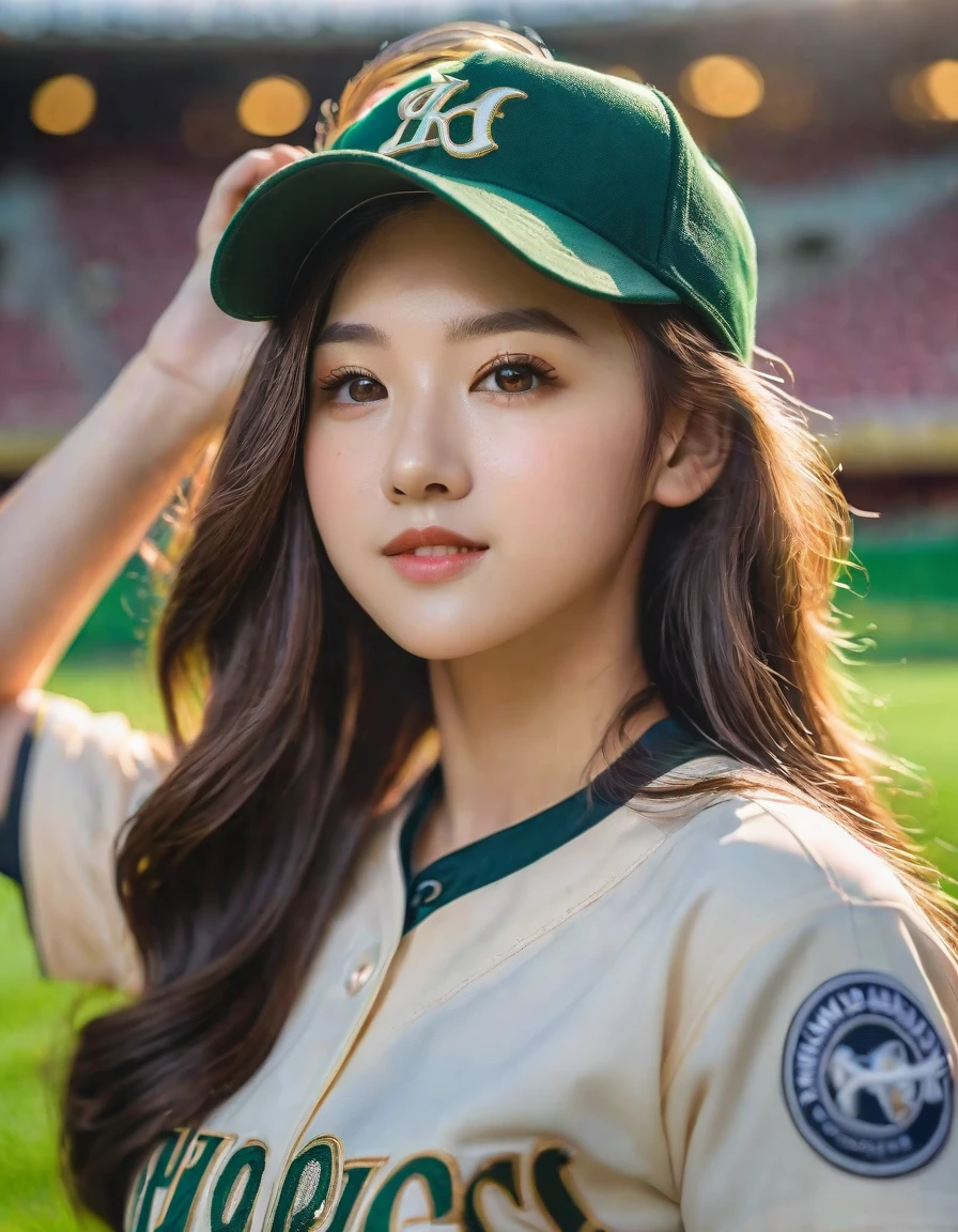A stunning 22-year-old girl in a crisp baseball uniform, adorned with a majestic baseball cap, stands confidently on a lush green grass field. Her long, wavy hair flows gently in the breeze as she gazes directly at the camera, her bright brown eyes sparkling like gemstones. The sunlight casts a warm glow, illuminating every detail of her masterpiece-like portrait, set against a blurred background of majestic stadium seats. Capture this moment in 8K ultra-high definition, showcasing every strand of hair and every stitch on her uniform.