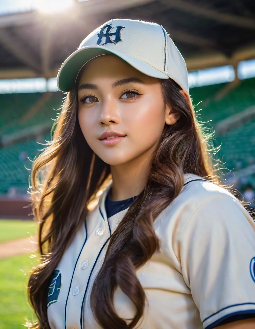 A stunning 22-year-old girl in a crisp baseball uniform, adorned with a majestic baseball cap, stands confidently on a lush green grass field. Her long, wavy hair flows gently in the breeze as she gazes directly at the camera, her bright brown eyes sparkling like gemstones. The sunlight casts a warm glow, illuminating every detail of her masterpiece-like portrait, set against a blurred background of majestic stadium seats. Capture this moment in 8K ultra-high definition, showcasing every strand of hair and every stitch on her uniform.