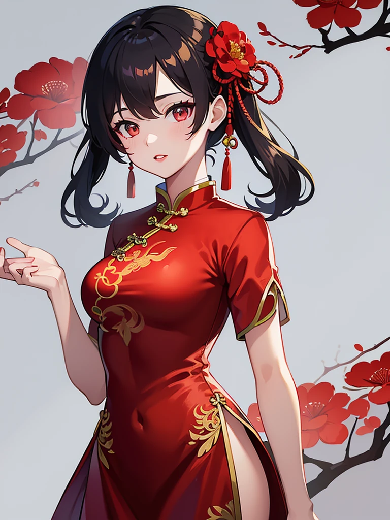 ((Highest quality)),((masterpiece)),(detailed),One woman，Short black hair　Chinese　Age 22 years old　Black clothes　Advanced Chinese Dress　Older sister type　cute　Bust size C　Red makeup on the face　　Red paint on eyes　Near future city　smile　Standing posture