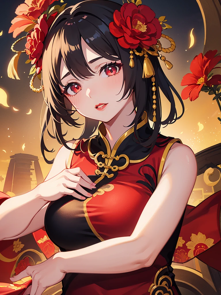 One girl,Upper Body,Fashionable Girl,China dress,Chinese clothing,Hair Flowers,(masterpiece:1.4),(Highest quality:1.4),(Shiny skin),Red lips,View your viewers,Large Breasts,Part your lips