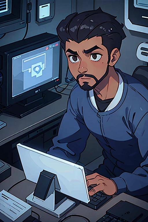 Dark skin man, Hair shaved on the sides, and curly on top, blue computer technician outfit, 29 years old, unshaven beard.
