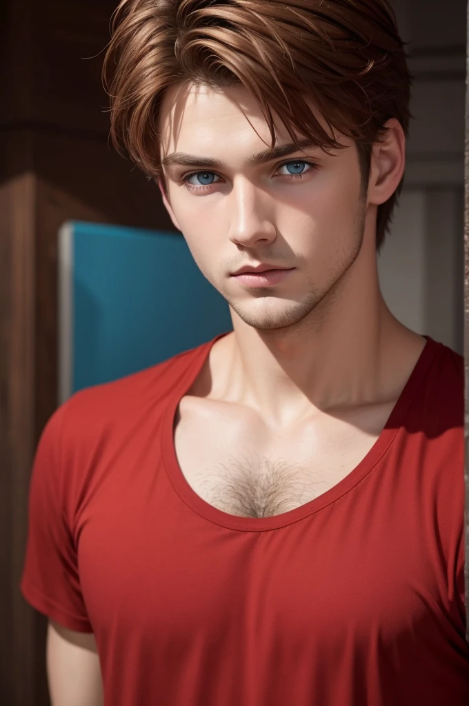 Beautiful boy, brown spiky hair, blue eyes, looking foward, red T shirt, high-quality, hd