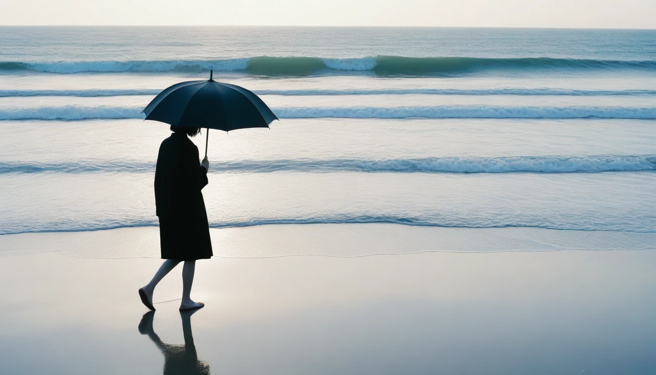 8K, Vivid picture quality, desolate long beach, A short-haired woman walking from afar, 안개낀 ocean, alone, afternoon, depressed, tide가 밀려온다, ocean, tide, black umbrella , wind, short korean woman, 잔잔한 tide, take off your shoes.
