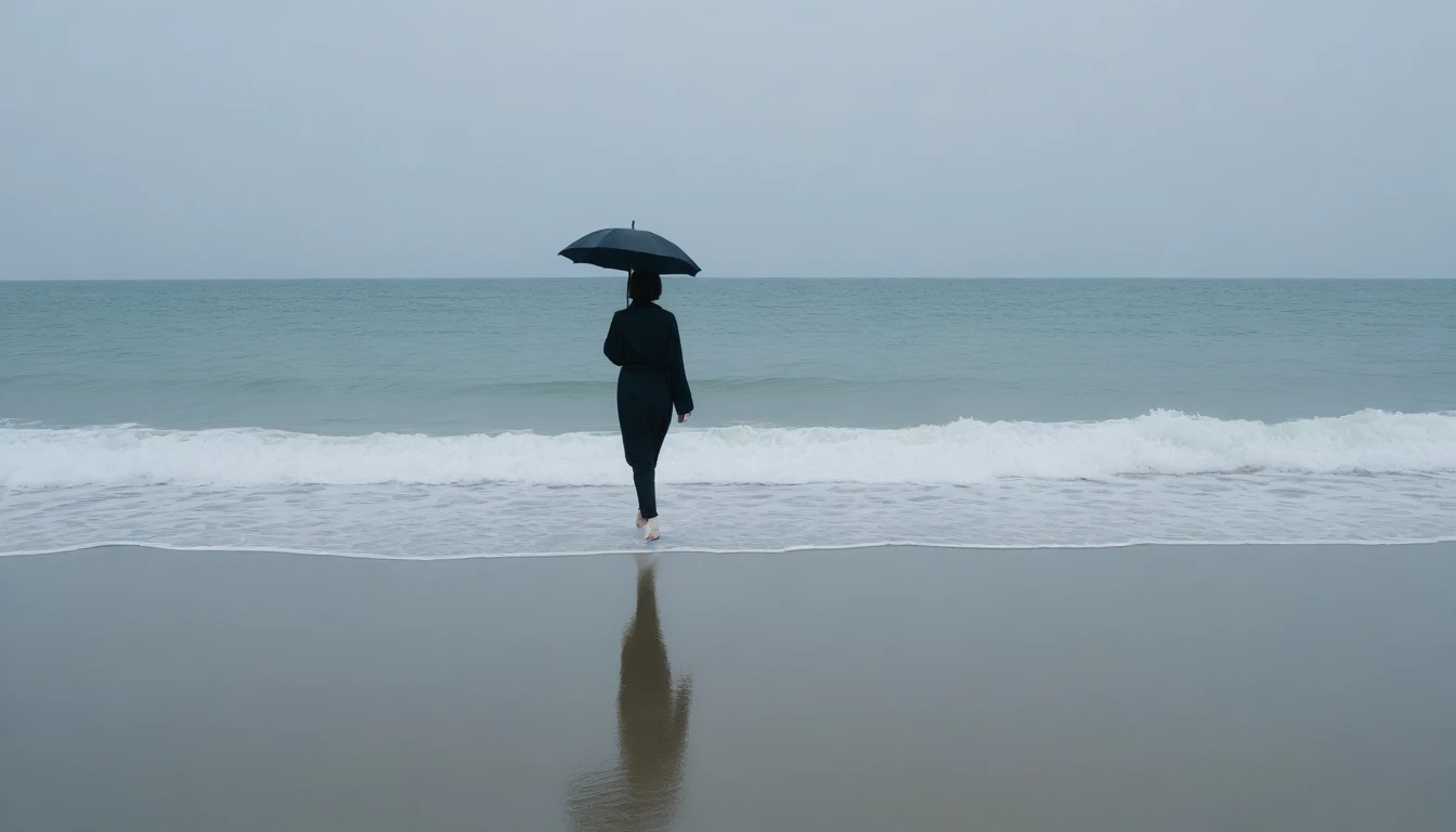 8K, Vivid picture quality, desolate long beach, A short-haired woman walking from afar, 안개낀 ocean, alone, afternoon, depressed, tide가 밀려온다, ocean, tide, black umbrella , wind, short korean woman, 잔잔한 tide, take off your shoes.