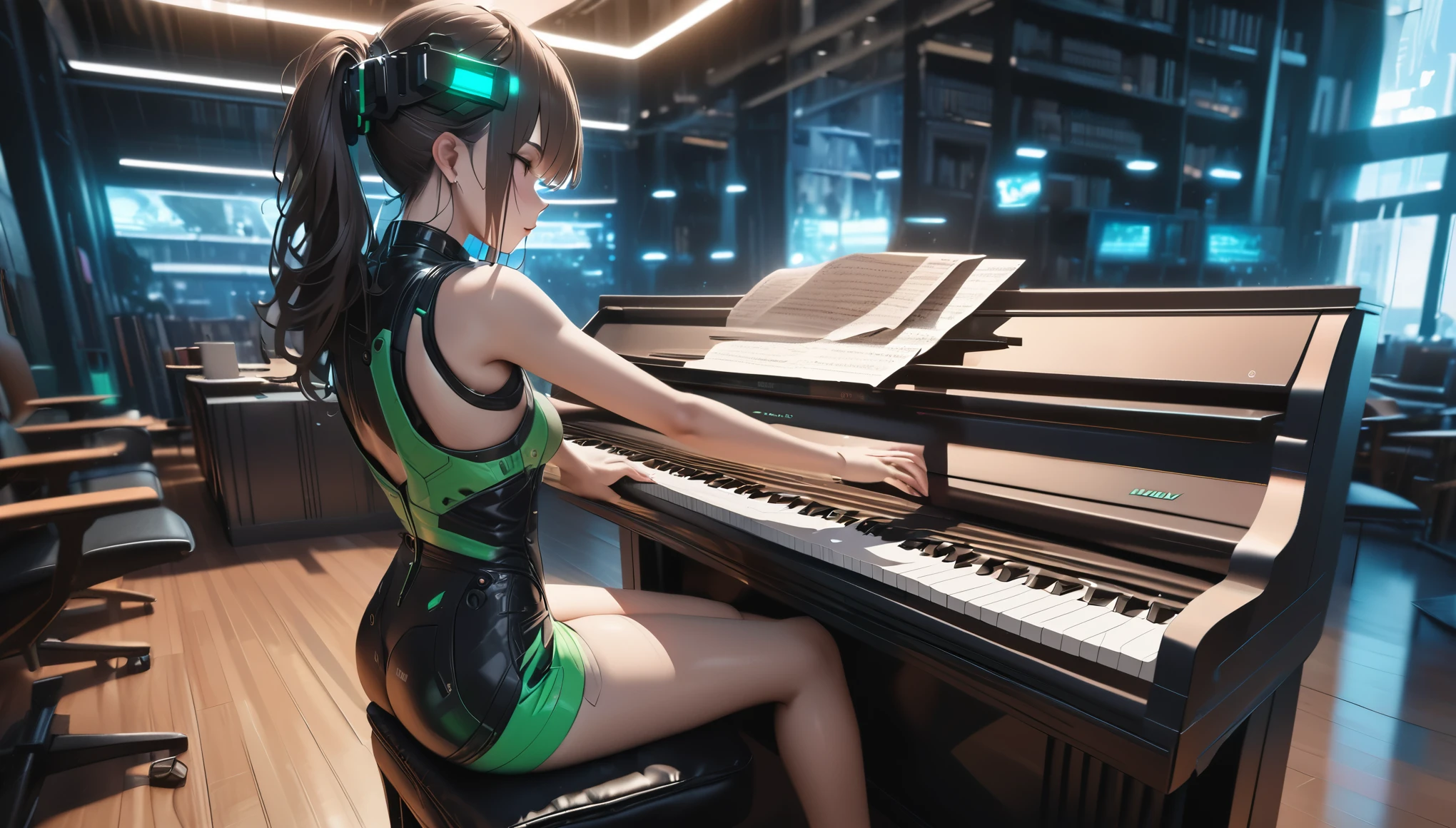 (best quality, masterpiece, ultra detailed, ultra high res, photorealistic, raw photo, absolutely resolution), Cyberpunk, 20 year old woman, playing the piano in the library, neon, green and silver