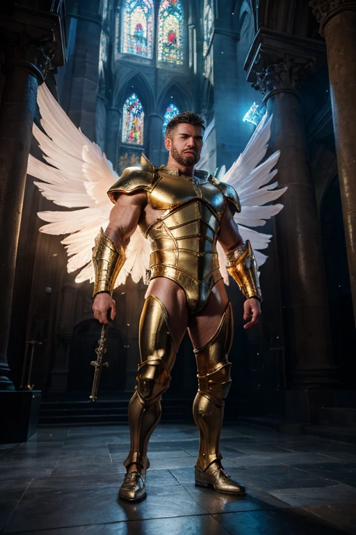 ultra high res, best quality, photo, 4k, (photorealistic:1.4), cinematic lighting, a male angel with large translucent wings,muscular man, abdominal muscle, wearing medieval gold armor, detailed feathers, cyberpunk environment, snow and environment in the background, cathedral of , portal of the future, volumetric light, HD, magic, god light, backlighting, detailed face, contrapposto,
