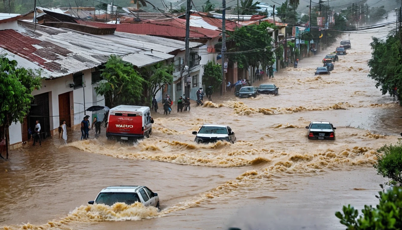 whoa, dramatic image depicts a chaos scenario. Waves of floods cause flooding and destruction, sweeping vehicles into a street in Tlapa de Comonfort, warrior, Mexico. It rains a lot in the region.  It is possible to see bad weather with gusts of wind and destruction. The scenario is one of chaos.