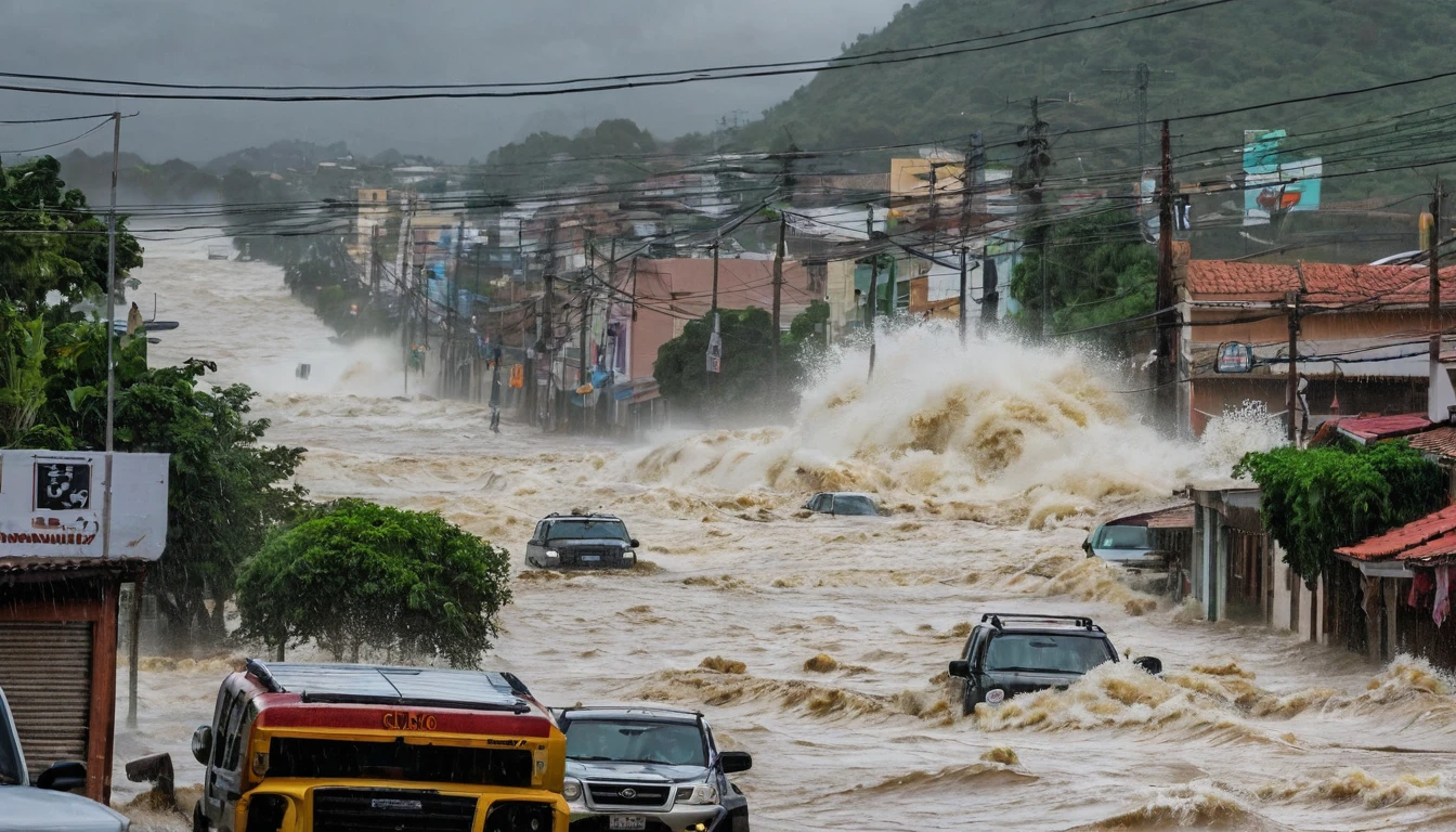 whoa, dramatic image depicts a chaos scenario. Waves of floods cause flooding and destruction, sweeping vehicles into a street in Tlapa de Comonfort, warrior, Mexico. It rains a lot in the region.  It is possible to see bad weather with gusts of wind and destruction. The scenario is one of chaos.