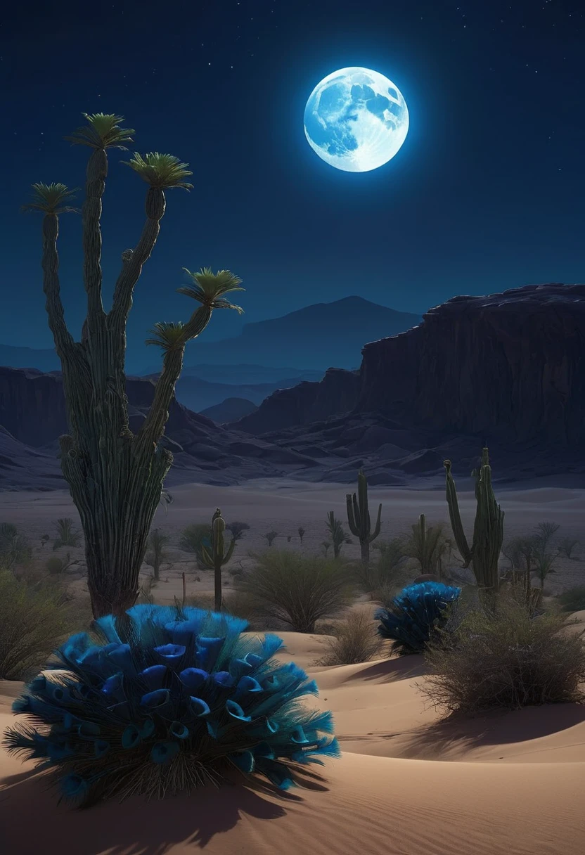 A breathtaking 3D anime-inspired scene of a desert.  In the desert, night falls, It was dark and there was no other light except for the blue light of the moon shining everywhere in the desert. In a place in the desert, there are a lot of plants, the plants are green, on the left there are several large plants, there is a peacock in the dark silhouette, this silhouette from these plants protruding its neck, and there are several plants on the right. Night fell, and it was dark. There was no light except the blue light of the moon that covered the desert Night fell, and it was dark. There was no light except the blue light of the moon that covered the desert. The atmosphere is enchanting, blending mystery and tranquility, while the high-definition rendering and detailed textures create an immersive experience., cinematic, anime, vibrant, 3d render