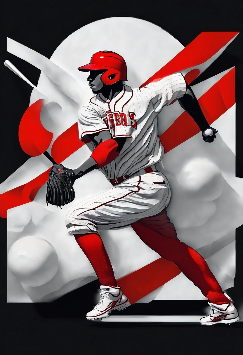 anatomically perfect, general shot, full body, A baseball player, holding baseball bat,a baseball player, line art, colors, red black and white:1.5, Detailed line art, intricate lines, dynamic baseball player, baseball player in motion, realistic sports figure, realistic baseball player, detailed muscle structure, perfect anatomy, Seamless integration, Shocking composition, dramatic lighting, High contrast, Cinematic atmosphere, colors vívidos, Impressive visual impact, Masterpiece, Best Quality, 8k, photorealistic