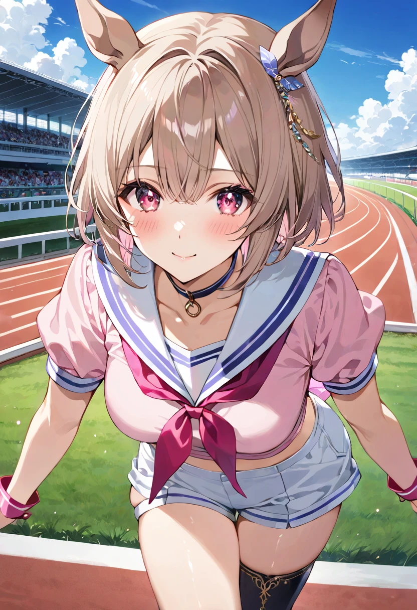 masterpiece, best quality, ultra detailed, detailed eyes, sparkling eyes, 1girl, SakuraLaurel kuudere, horse girl, horse ears, horse tail, shiny hair, light brown hair, pixie cut, center parted bangs, pinkred eyes, symbol in eye, hair ornament, medium breasts, skindentation +++ multicolored wear, puffy short sleeves, closed mouth, pink shirt, white shirt, pink wrist cuffs, white shorts, sailor coller, black thighhighs, single thighhigh, white knee boots, asymmetrical footwear, high heel boots, pink neckerchief, pink back bow, turf, race track , happy, :) , extremely quality extremely detailed, illustration, cute anime face
