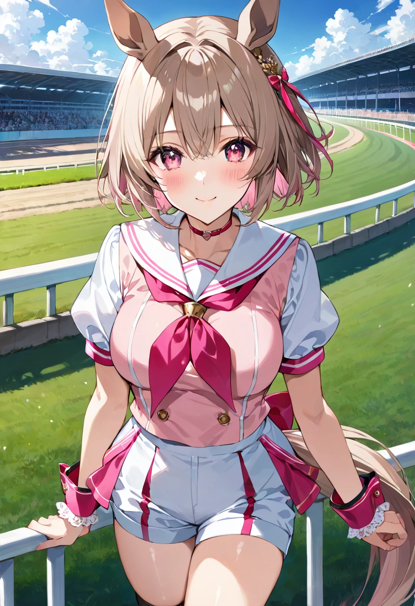 masterpiece, best quality, ultra detailed, detailed eyes, sparkling eyes, 1girl, SakuraLaurel kuudere, horse girl, horse ears, horse tail, shiny hair, light brown hair, pixie cut, center parted bangs, pinkred eyes, symbol in eye, hair ornament, medium breasts, skindentation +++ multicolored wear, puffy short sleeves, closed mouth, pink shirt, white shirt, pink wrist cuffs, white shorts, sailor coller, black thighhighs, single thighhigh, white knee boots, asymmetrical footwear, high heel boots, pink neckerchief, pink back bow, turf, race track , happy, :) , extremely quality extremely detailed, illustration, cute anime face