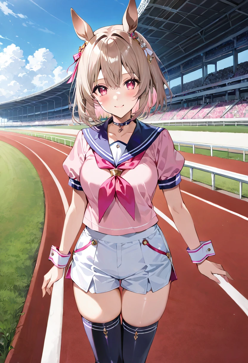 masterpiece, best quality, ultra detailed, detailed eyes, sparkling eyes, 1girl, SakuraLaurel kuudere, horse girl, horse ears, horse tail, shiny hair, light brown hair, pixie cut, center parted bangs, pinkred eyes, symbol in eye, hair ornament, medium breasts, skindentation +++ multicolored wear, puffy short sleeves, closed mouth, pink shirt, white shirt, pink wrist cuffs, white shorts, sailor coller, black thighhighs, single thighhigh, white knee boots, asymmetrical footwear, high heel boots, pink neckerchief, pink back bow, turf, race track , happy, :) , extremely quality extremely detailed, illustration, cute anime face