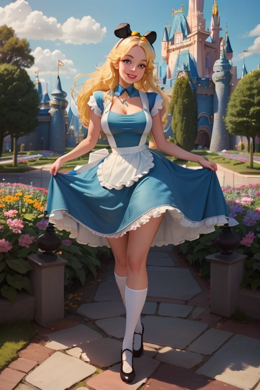 (masterpiece), (best quality), (extremely detailed), alice liddell, blue dress, white apron, black hairband, white long socks, cute pose, in a flower garden, (((disney castle at the background))), (blue sky), (sunny day), 3d. Illustration, Good Highlights, Perfect Proportions, dynamic, Professional, Award winning, (high detailed skin), (high detailed face), photorealistic, HDR, ultra highres, absurdres, perfect body shape, cute smiling, realistic figure, sexy posing, teaser standing, curvy, perfect breast, leg spread, show , , ((undressed))