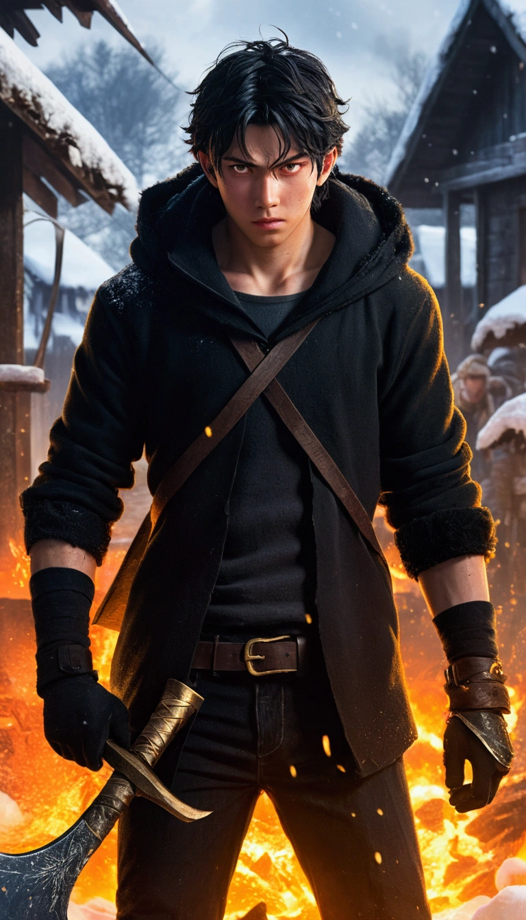 An epic scene where, style of anime, In the middle of a destroyed and cold village, covered in dense snow, the protagonist, a young man with dark hair and shining golden eyes, hurt by the confrontation, awakens the power of fire with a black war ax with fire details