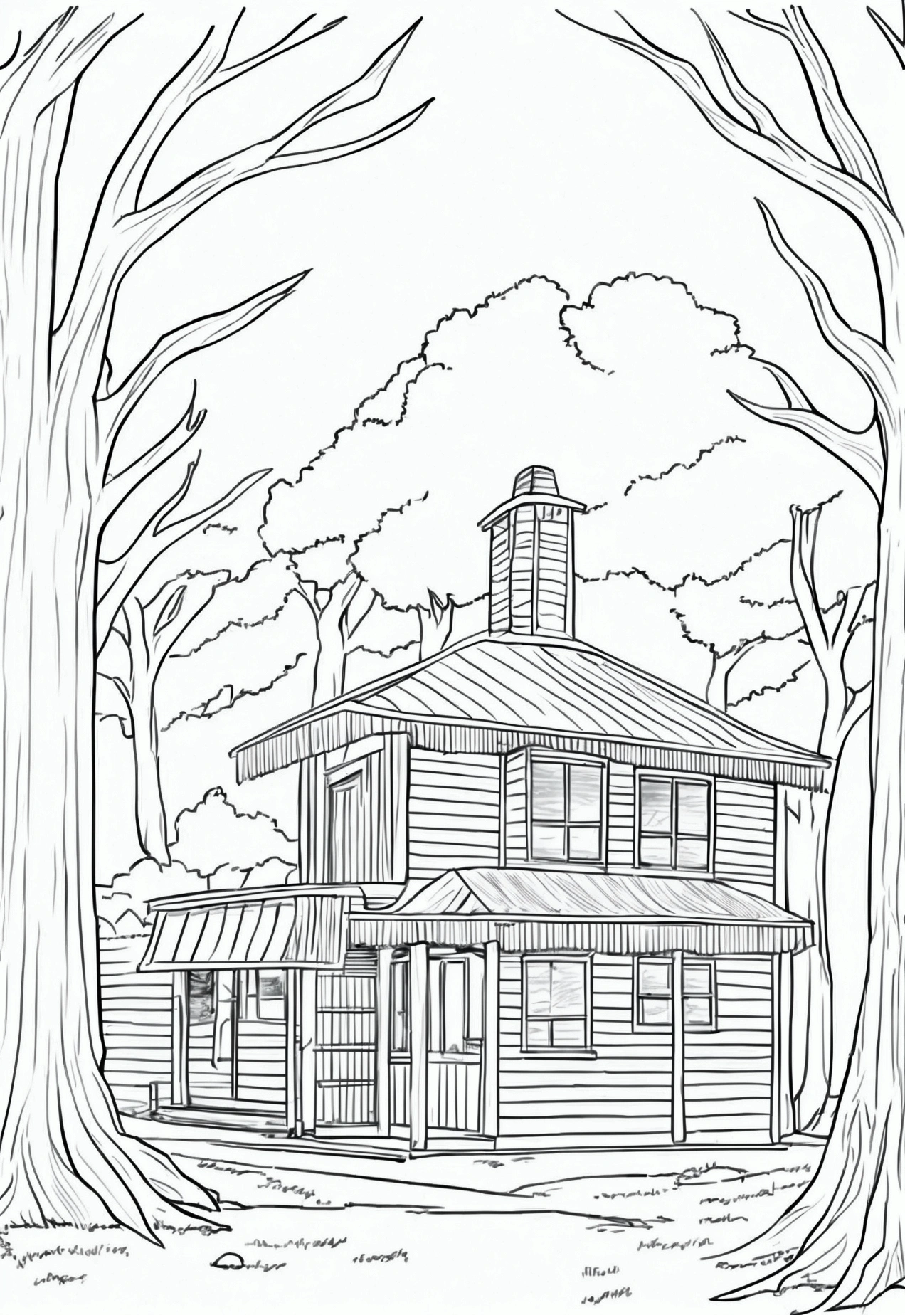 line art drawing of a small wild west town in the woods