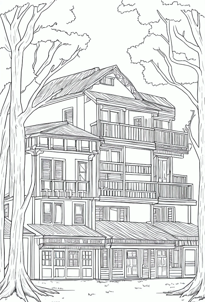 line art drawing of a small wild west town in the woods