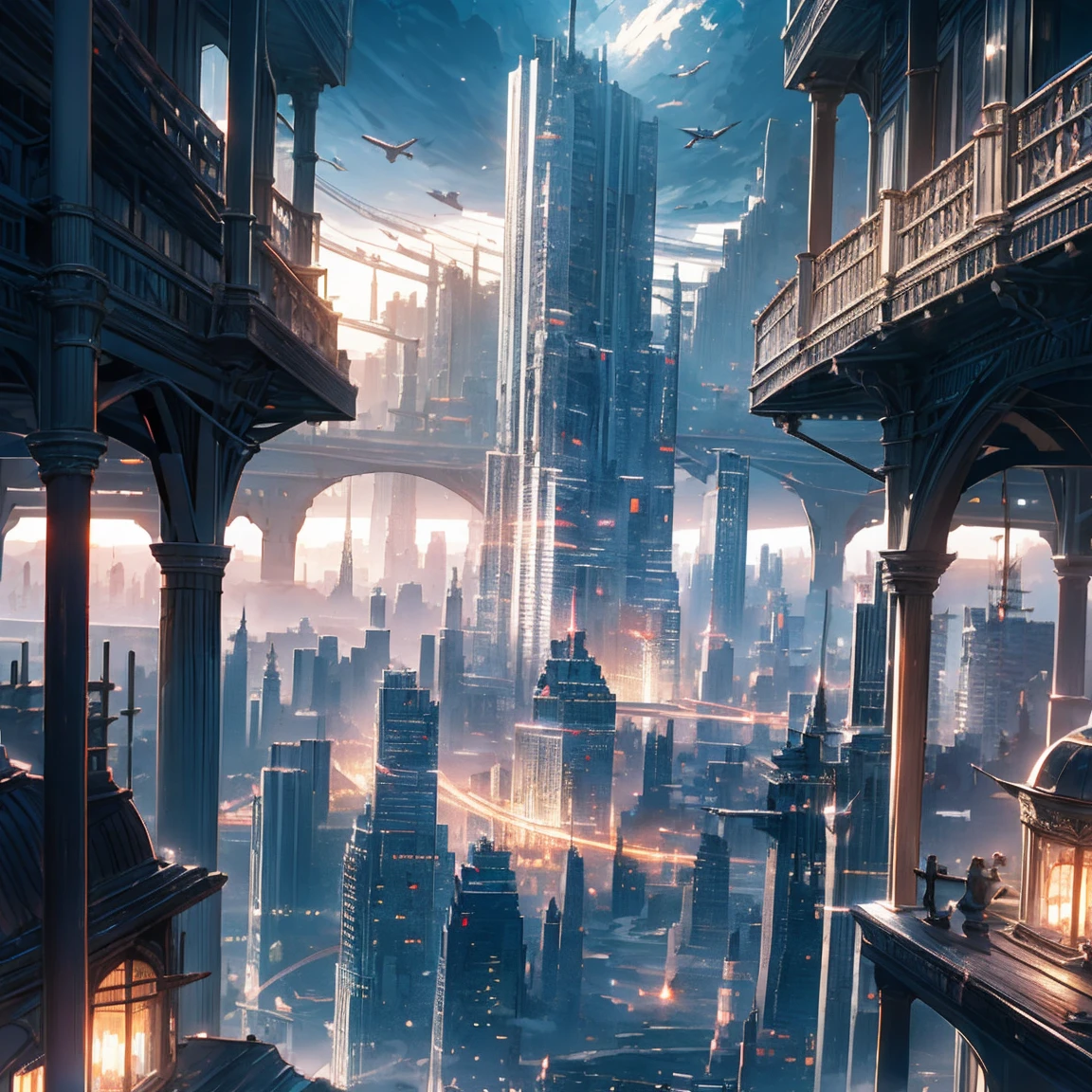 View from the airship cabin, Night view of skyscrapers, (Ultra-high resolution,8K),Fantasy, The world of picture books, (Highest quality), Super detailed, Outstanding Image, (Photorealistic)