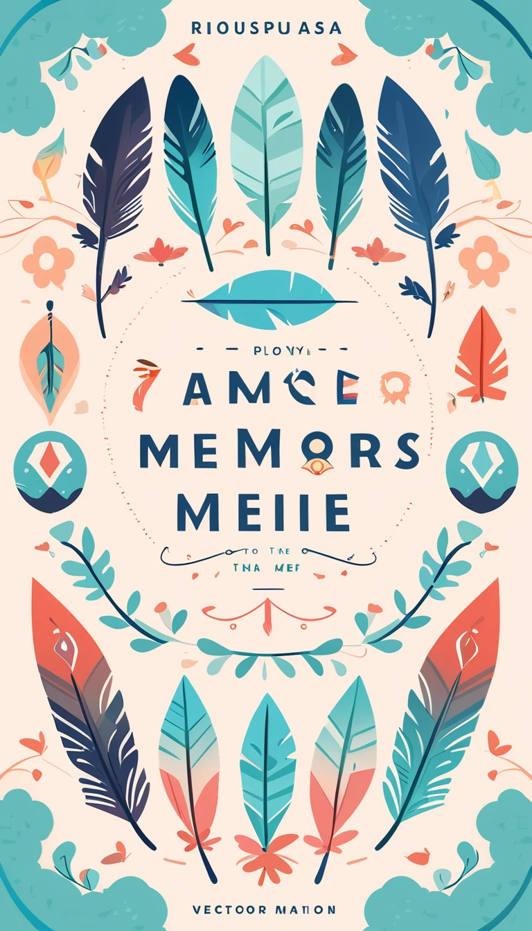cover page, A Unique Feather Of Memories, flat Design, vector illustrations, graphic illustration, detailed 2d illustration, flat illustration, digital illustration, digital artwork, logo design, Feather. Masterpiece
