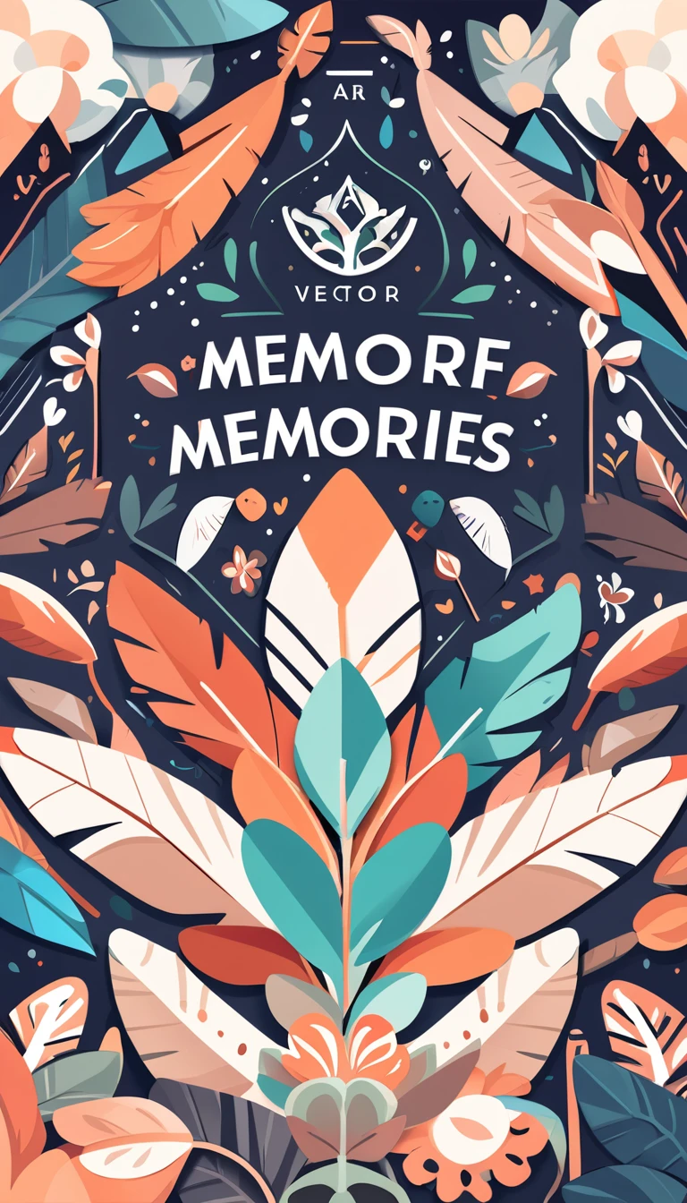 cover page, A Unique Feather Of Memories, flat Design, vector illustrations, graphic illustration, detailed 2d illustration, flat illustration, digital illustration, digital artwork, logo design, Feather. Masterpiece
