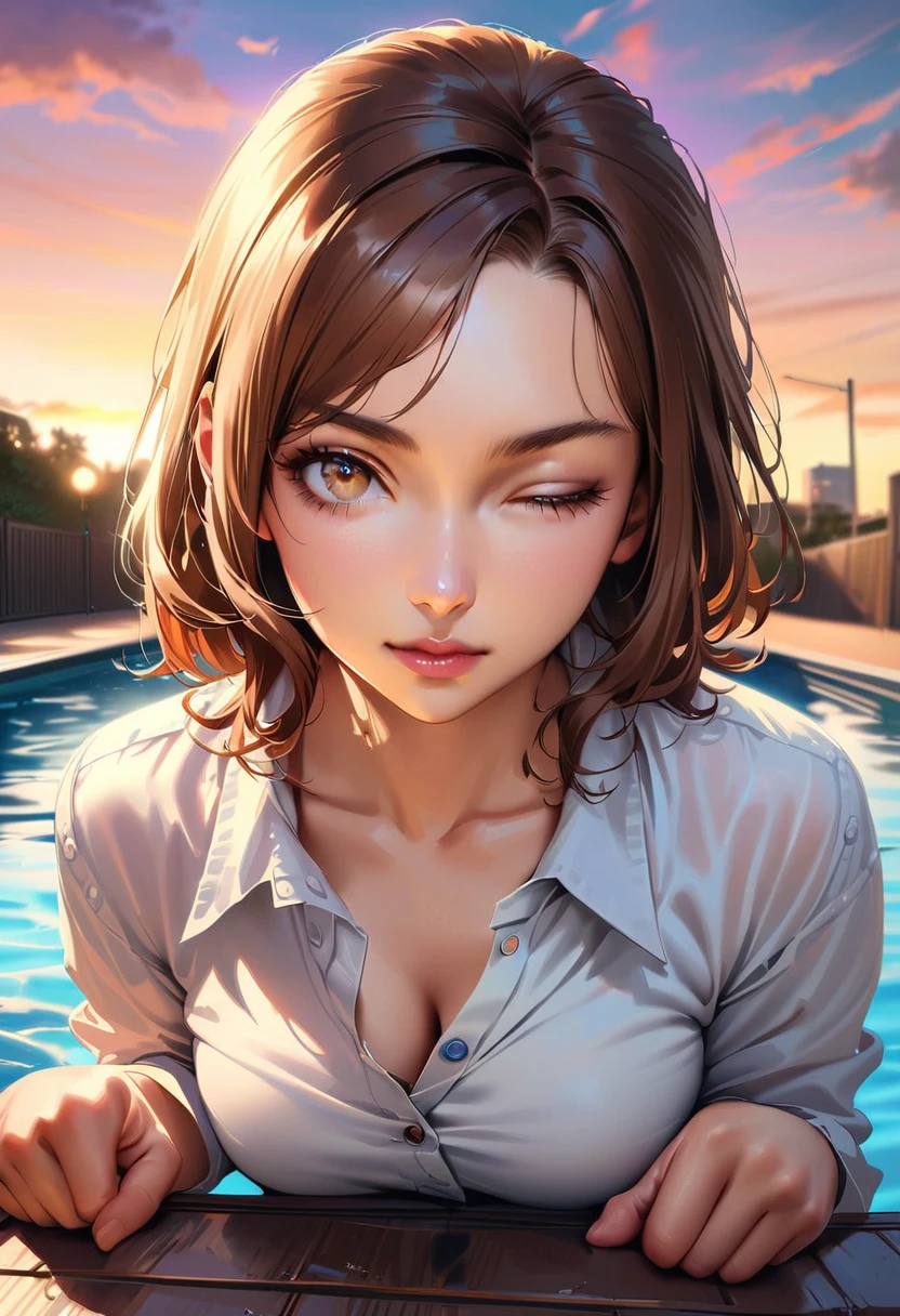 Purelos Face_v1, Highest quality, Realistic, 8K, High resolution, Full Color, One girl, woman, 20 years old woman, (Mouth closed:1.33), (Portraiture:0.6), wood, Dawn, ((Poolside Background:1.52)), Full Color, ((Buttoned shirt:1.88)), View your viewers:1.8, (One girl eyes View your viewers:1.55), (Medium Hair, Brown Hair, Parted bangs:1.35), (Bokeh),