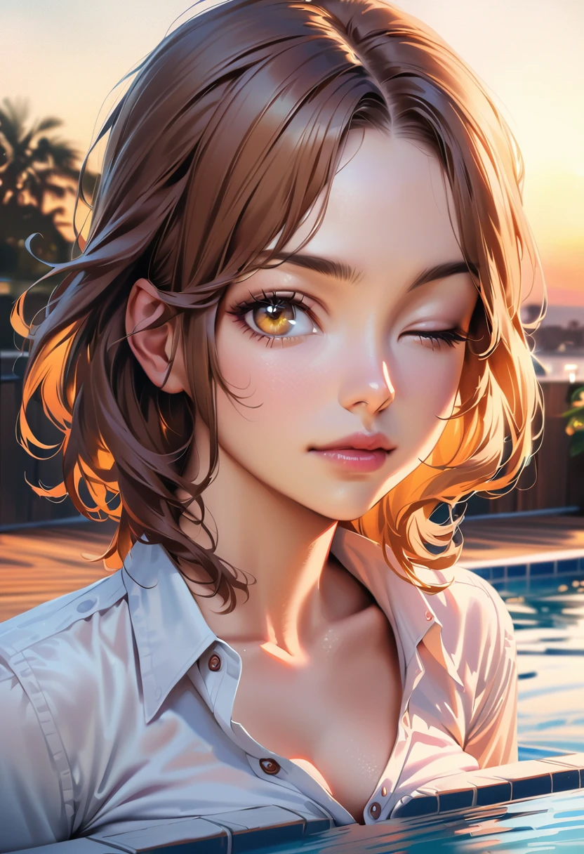 Purelos Face_v1, Highest quality, Realistic, 8K, High resolution, Full Color, One girl, woman, 20 years old woman, (Mouth closed:1.33), (Portraiture:0.6), wood, Dawn, ((Poolside Background:1.52)), Full Color, ((Buttoned shirt:1.88)), View your viewers:1.8, (One girl eyes View your viewers:1.55), (Medium Hair, Brown Hair, Parted bangs:1.35), (Bokeh), 