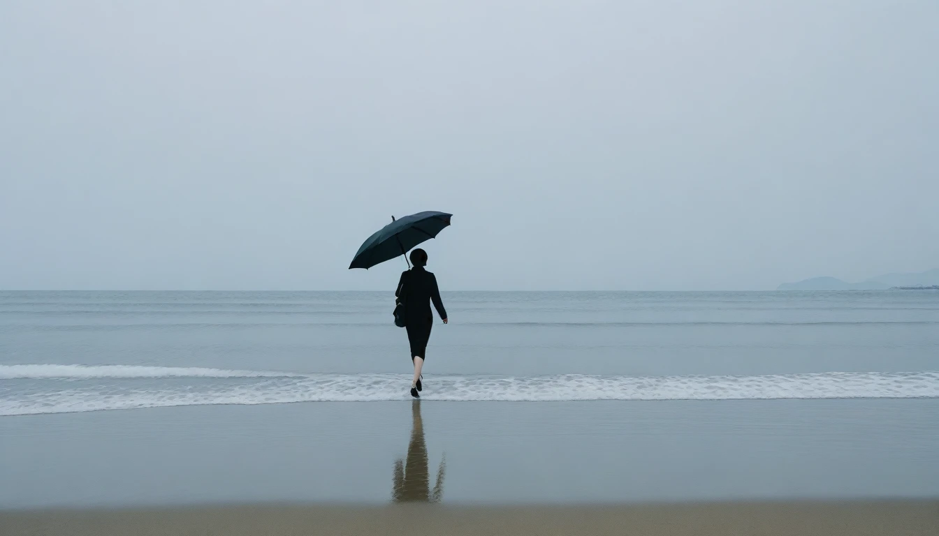 8K, Vivid picture quality, desolate long beach, A short-haired woman walking from afar, 안개낀 ocean, alone, afternoon, depressed, tide가 밀려온다, ocean, tide, black umbrella , wind, short korean woman, 잔잔한 tide, took off my shoes.