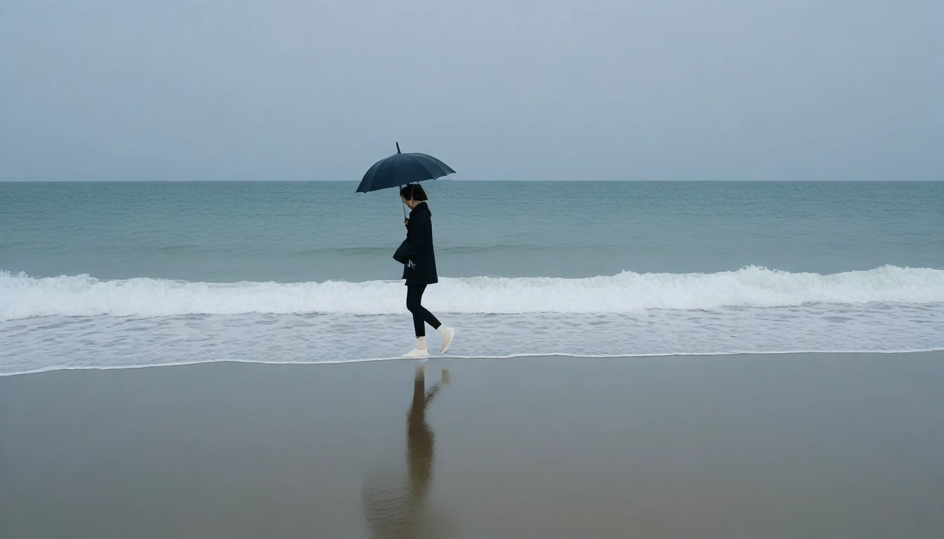 8K, Vivid picture quality, desolate long beach, A short-haired woman walking from afar, 안개낀 ocean, alone, afternoon, depressed, tide가 밀려온다, ocean, tide, black umbrella , wind, short korean woman, 잔잔한 tide, took off my shoes.