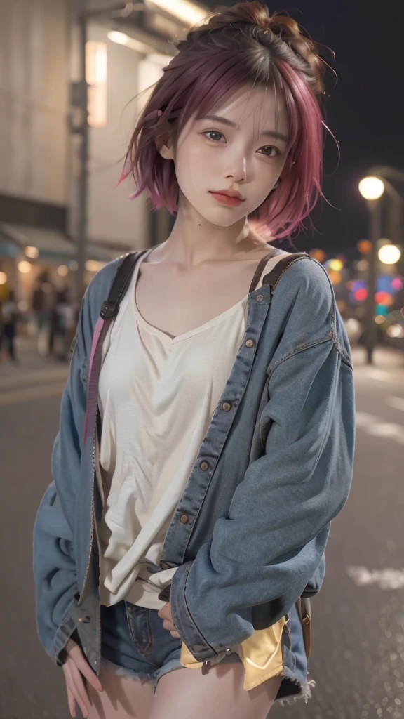 RAW shooting,12K, 最high quality, masterpiece, 超High resolution, (realistic:1.4), Raw photo, 1 girl,, short hair, (masterpiece, 最high quality, high quality, High resolution, Super detailed),pink hair, (Night lights:1.4), Cyberpunk attire、Layer Color、Clothes with many zippers、baggy clothes、White, pink, blue and yellow colored clothes、looking at the viewer、near future