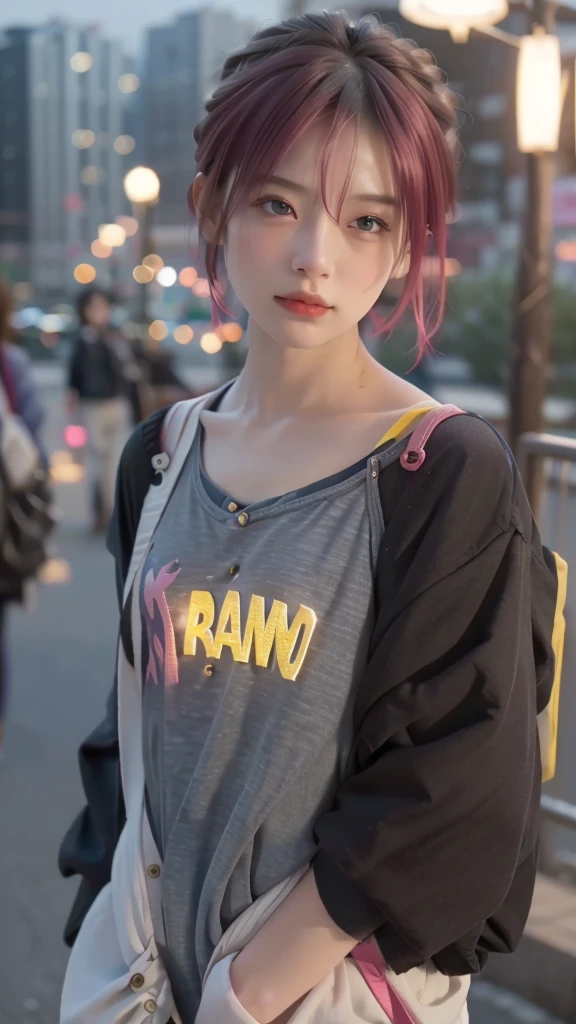RAW shooting,12K, 最high quality, masterpiece, 超High resolution, (realistic:1.4), Raw photo, 1 girl,, short hair, (masterpiece, 最high quality, high quality, High resolution, Super detailed),pink hair, (Night lights:1.4), Cyberpunk attire、Layer Color、Clothes with many zippers、baggy clothes、White, pink, blue and yellow colored clothes、looking at the viewer、near future