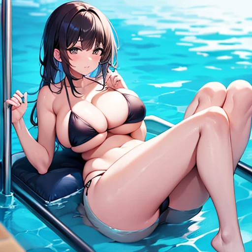 A single woman in the pool wearing a bikini, big tits fat ass big legs