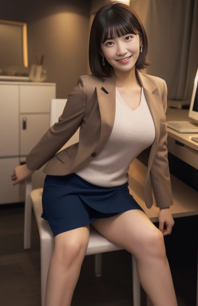 ultra-detailed, (perfect anatomy:1.3999), (close-up shot, front view:1.399), (ultra beautiful perfect detailed smile face:1.3999), (finely ultra-detailed eyes:1.3999), slim waist, curvy hourglass figure, perfect and proportional body, (((glamorous athletic Japanese girl in her twenties, standing with knees bent, leaning upper body forward:1.25))), beautiful Asian actress face, ((thick thighs:1.399)), fit curvy physique, inverted body type, attractive feminine curves, ((gigantic breasts:1.25)), (((thick but slightly muscular arms and legs:1.399))), feminine curvy figure, (style of plump voluptuous body), (bare thighs, bare legs:1.25), masterpiece, highres, best quality, (realistic), photo-realistic, RAW photo, ultra-detailed, CG, unity, 8k wallpaper, extremely detailed CG, extremely detailed, an extremely delicate and beautiful, extremely detailed, Amazing, finely detail, official art, High quality texture, incredibly absurdres, huge file size, photorealistic, ((office-lady, navy long-sleeved blazer, business shirt, navy mini skirt)), (1girl, mature female:1.25), plump, ((bare thighs, mini skirt)),