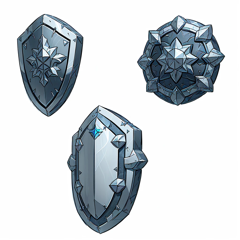 three shields with a star and a shield on them, shield design, armor elements, shields, metallic shield, shield, fantasy shield, Game Assetss, game icon asset, Game Assets, RPG Game Items, Hard Edge Concept Art, riot shields, video Game Assetss, tabletop game props, shield, Armor Plate, metal armor, object concept art, Game Design Asset Pack