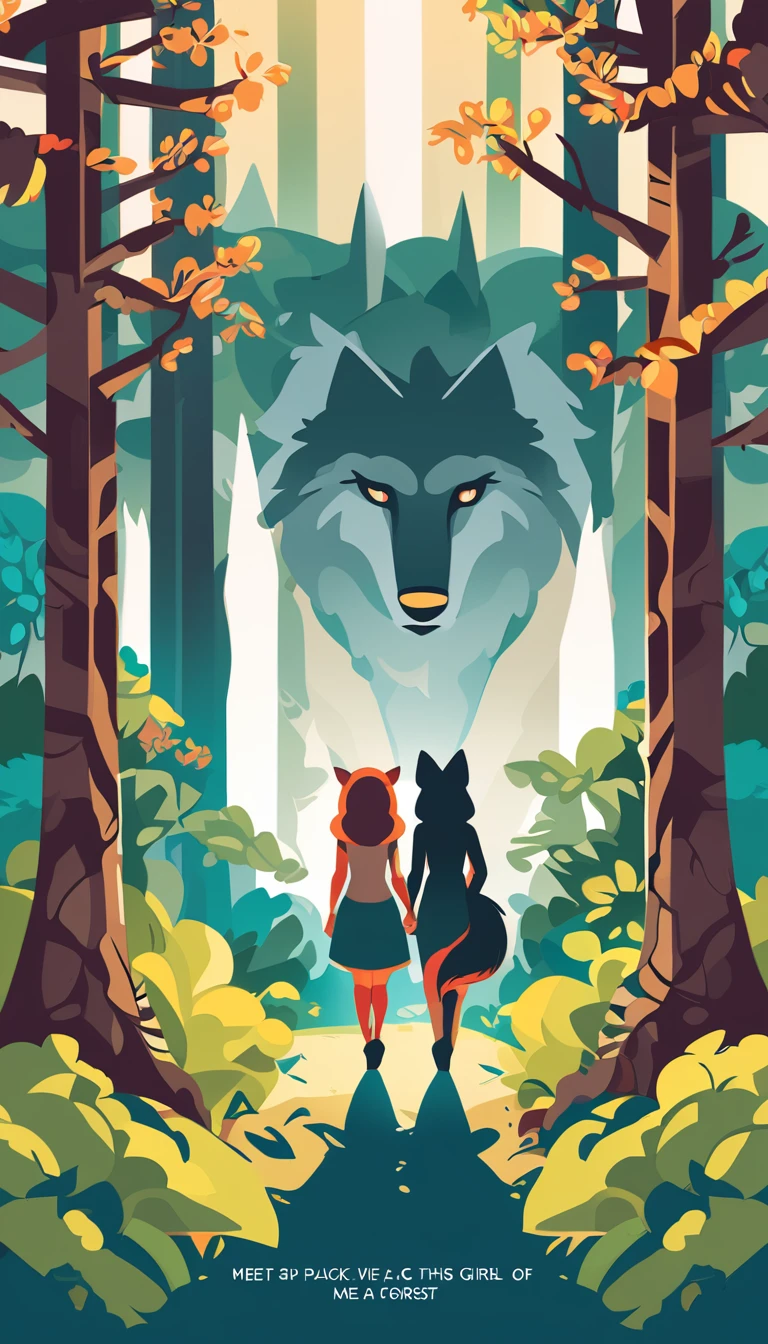 cover page, A girl and a wolf meet in the forest, flat Design, vector illustrations, graphic illustration, detailed 2d illustration, flat illustration, digital illustration, digital artwork,
