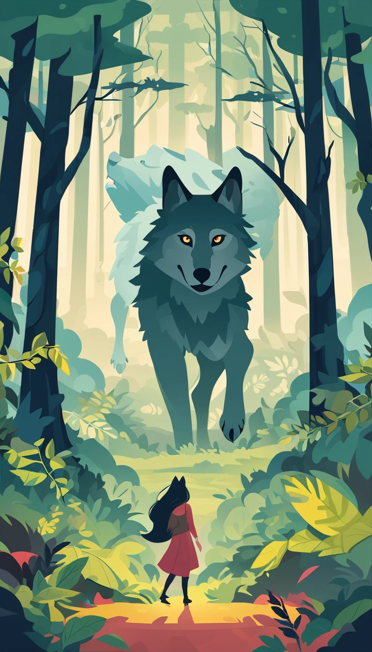cover page, A girl and a wolf meet in the forest, flat Design, vector illustrations, graphic illustration, detailed 2d illustration, flat illustration, digital illustration, digital artwork,
