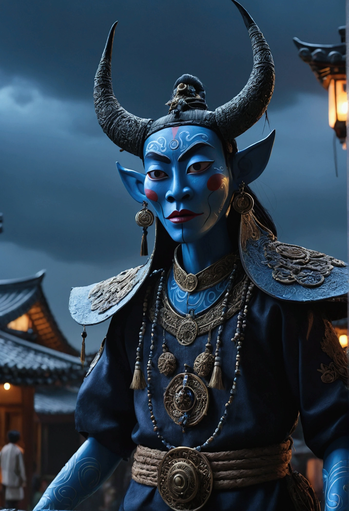 a village in korea, dark rainy sky, demons, blue meteor, wayang puppet, cinematic lighting, dramatic sci-fi atmosphere, highly detailed, 8k, photorealistic, masterpiece